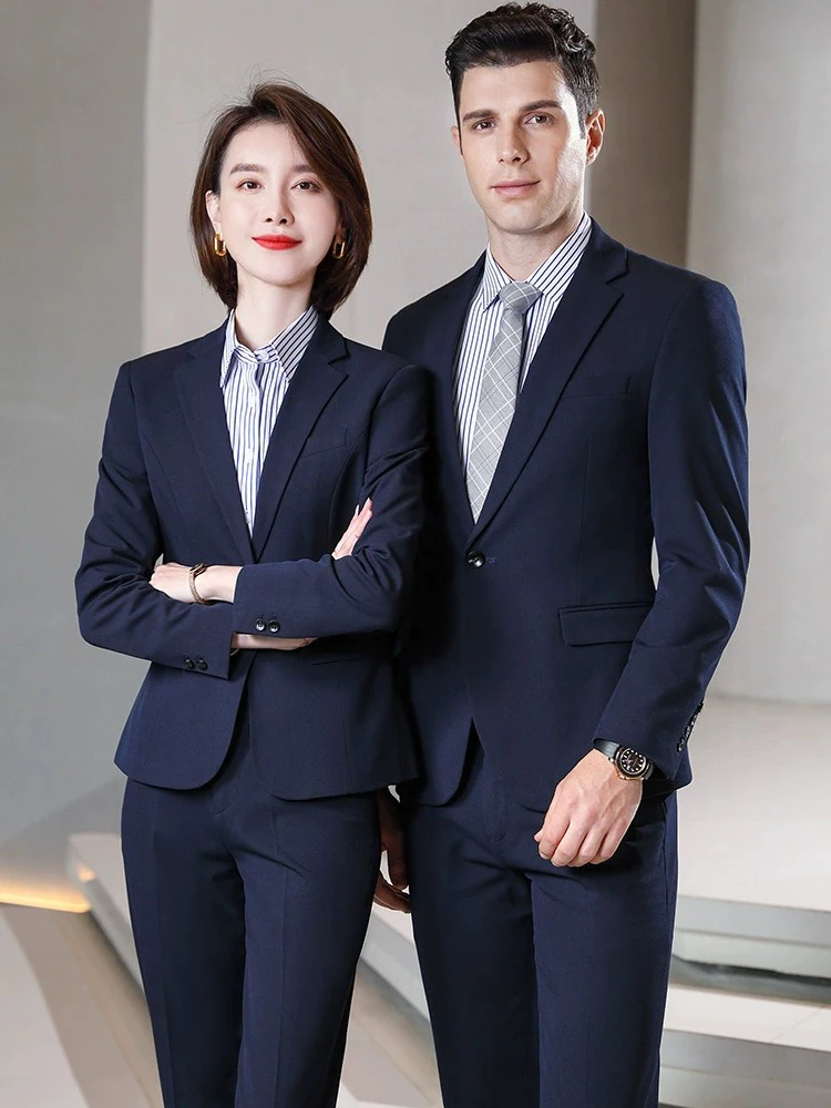 Cobalt Blue Business Suit Set for Women Professional 4S Store Workwear Commute Style Long Sleeve Slim Fit Suit with Pocket