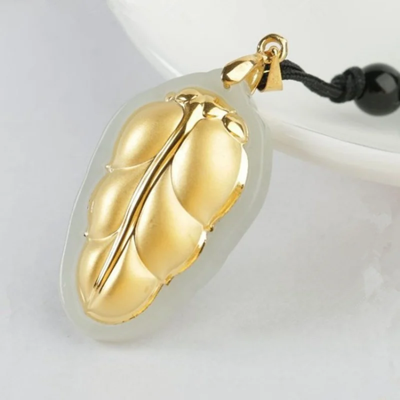 Xinjiang Hetian Jade Leaf Pendant Gold Inlaid Jade Leaf Pendant Men's and Women's Pendant Wholesale