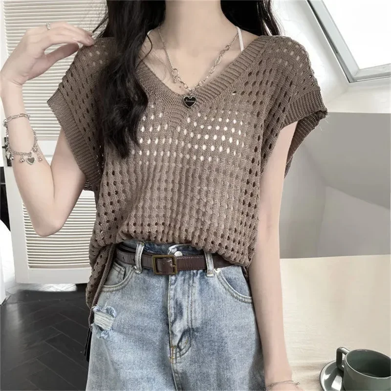 

Girls Summer Fashion Top V-neck Skeleton Knit Smock Female Thin Section Loose Thin Undershirt Outwear Tops