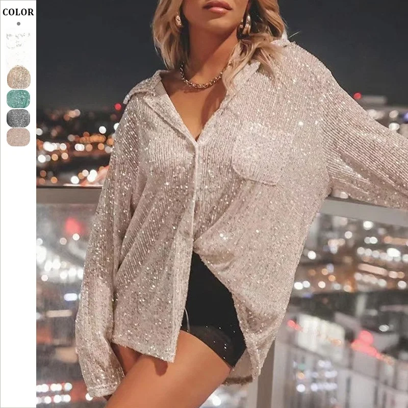 

Модное женское платье с пайетками, длинное, с отложным воротником, повседневное, осеннее, 2023, из тонкого атласа, для трансграничной торговли