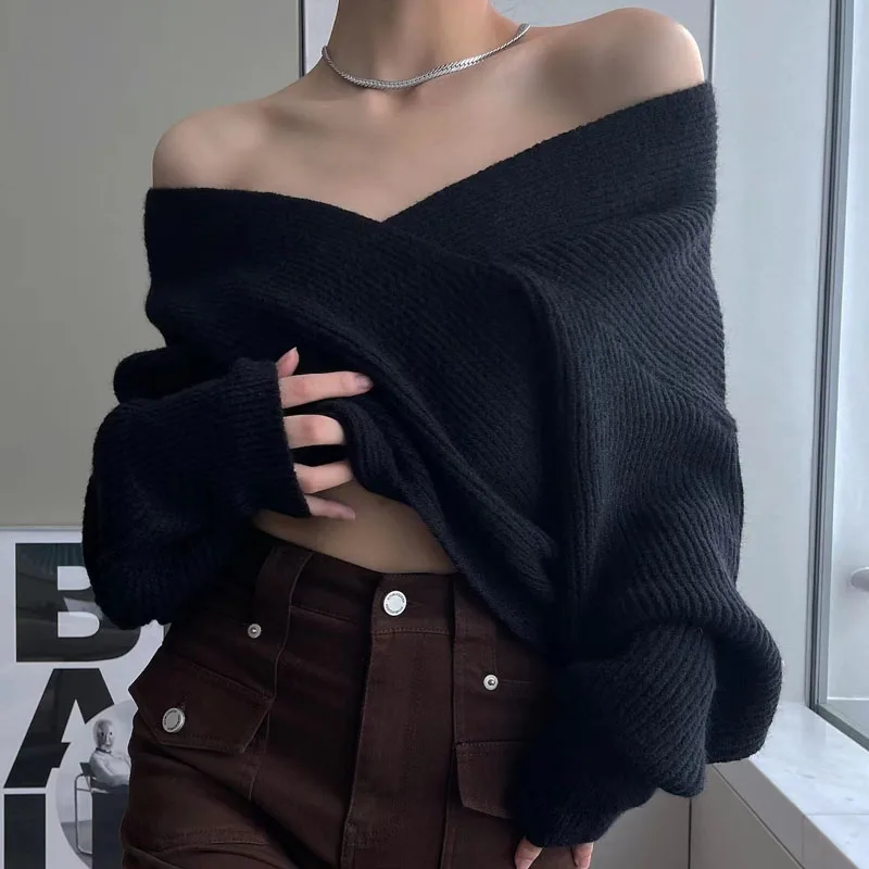 Women\'s Clothing 2022 Latest Fashion Knitted Sweater for Women Long Sleeve Pullover V-Neck Spliced Thick Sweater Female Solid