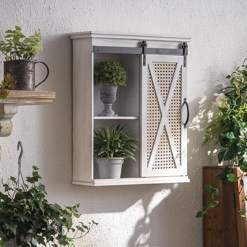 

American retro wall rattan hanging cabinet hotel homestay creative storage wall cabinet wall shelf flower shelf