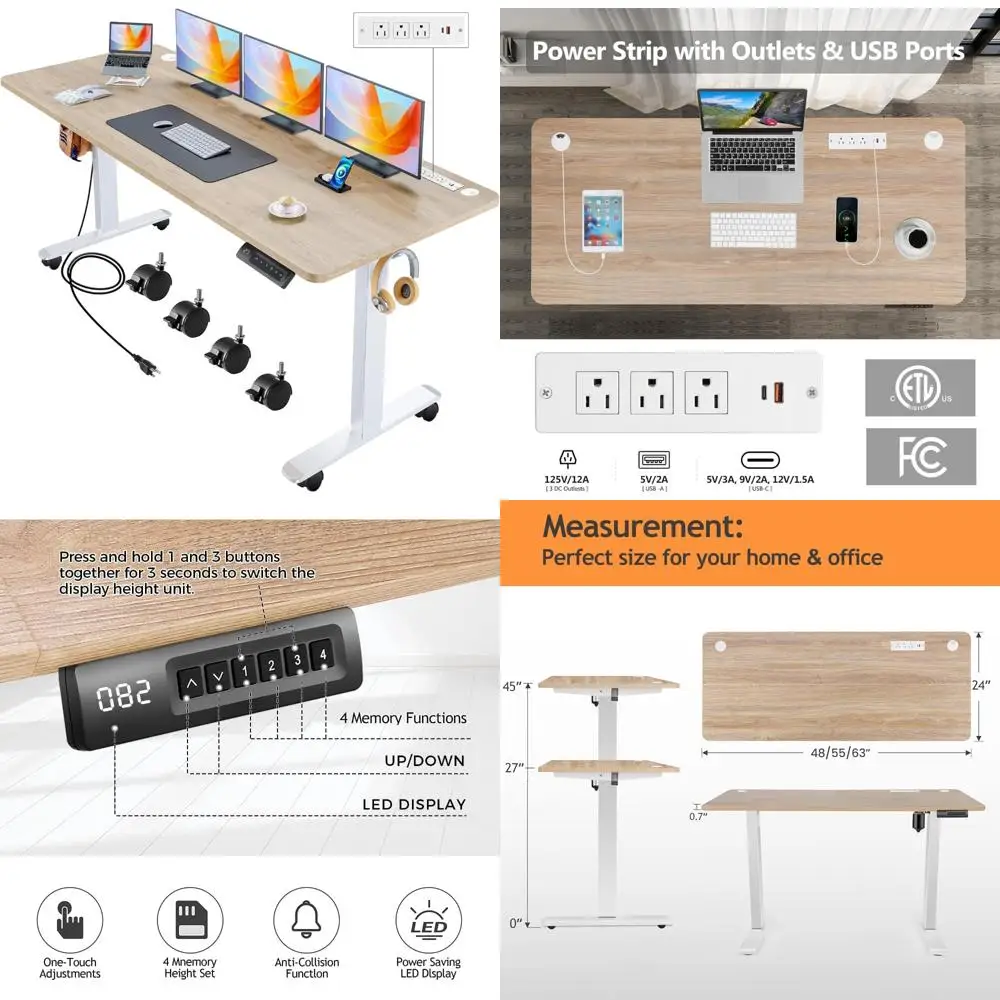 مكتب قائم كهربائي بارتفاع قابل للتعديل مع عجلات، مكتب 63 × 24، محطة شحن، منفذي USB، 3 منافذ، مشغل عمل مريح #1