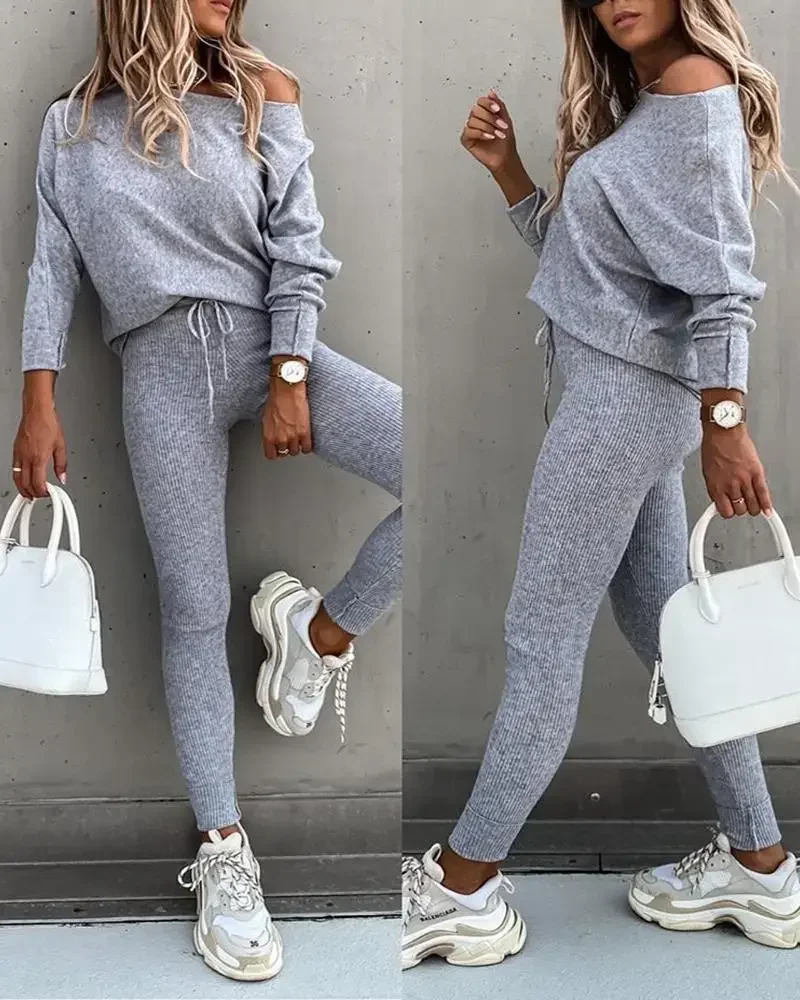 2025 Sportswear Women Fashion Casual Solid Fit One Shoulder Top Long Pants Set Long Sleeve Top & High Waist Drawstring Pants Set