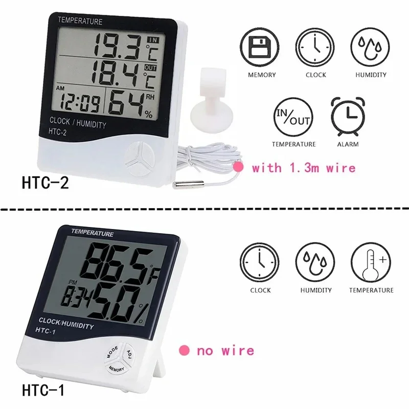 HTC-1 HTC-2 LCDElectronic Digital Temperature Humidity Meter Home Thermometer Hygrometer Indoor Outdoor Weather Station Clock