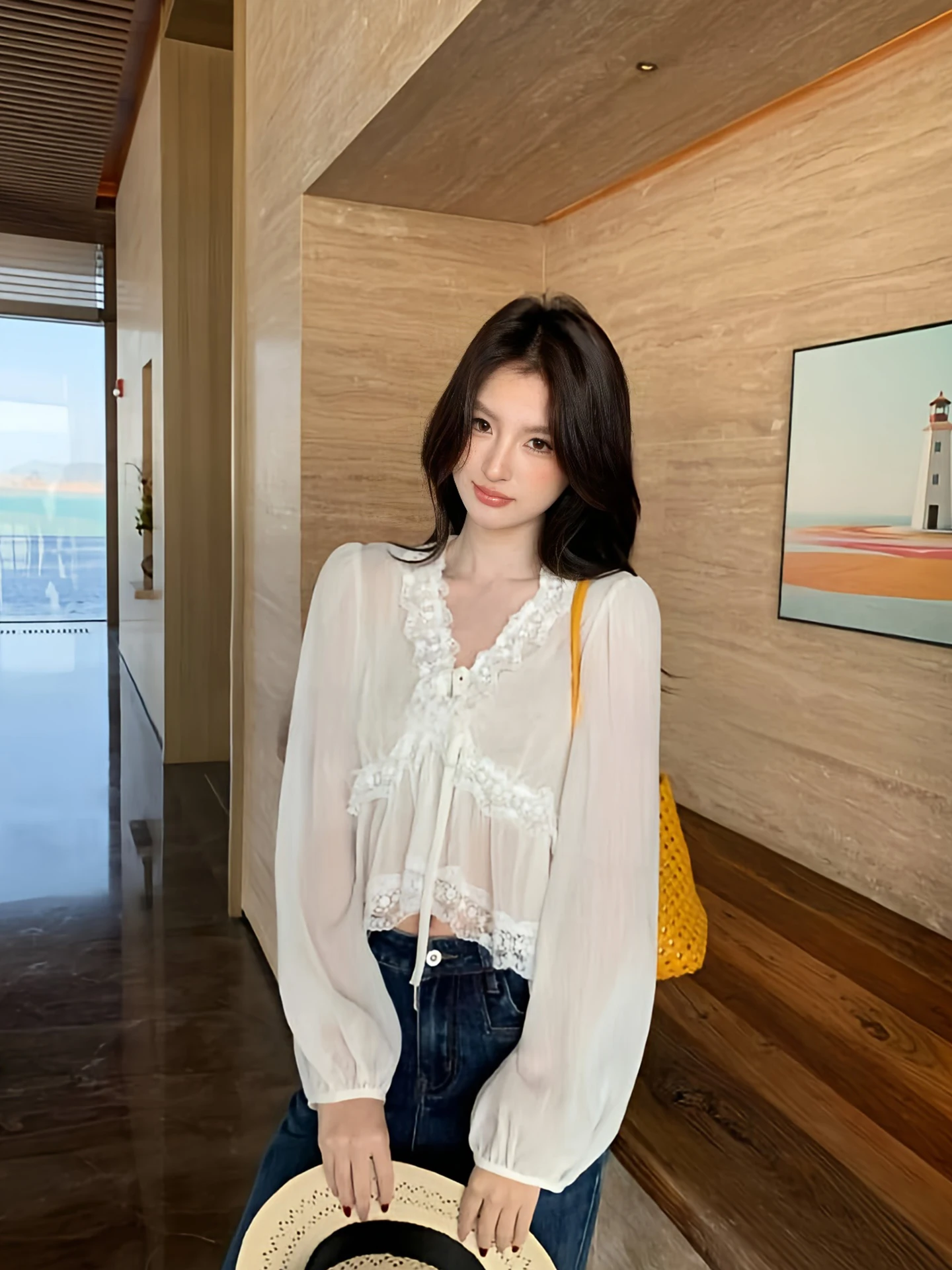 

Romantic Lace Top Women's Spring Summer New Pure Desire V-neck Sweet Chiffon Wood Grain Lace Blouse French Style Loose Fit