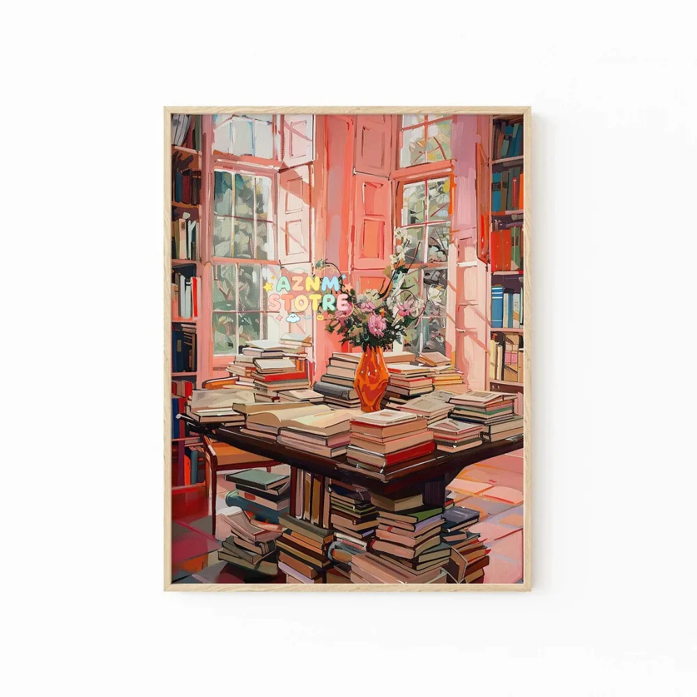 Cozy Reading Room Art Print | Impressionist Library Poster | Book Lover Wall Art | Warm Home Decor | Rustic Study Painting St