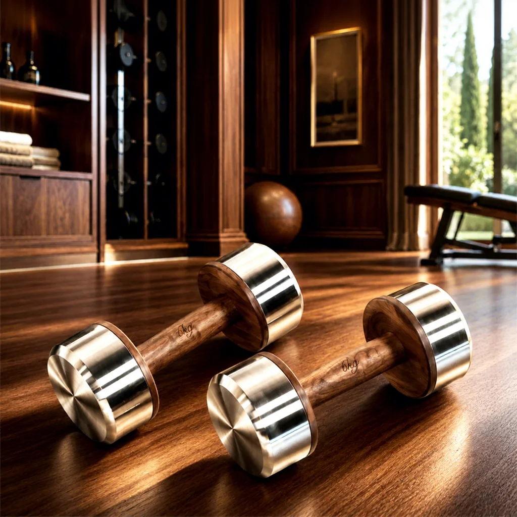 Luxury Stainless Steel & Solid Wood Dumbbells, High Quality Home Gym Weight Set, Premium Fitness Equipment for Strength Training