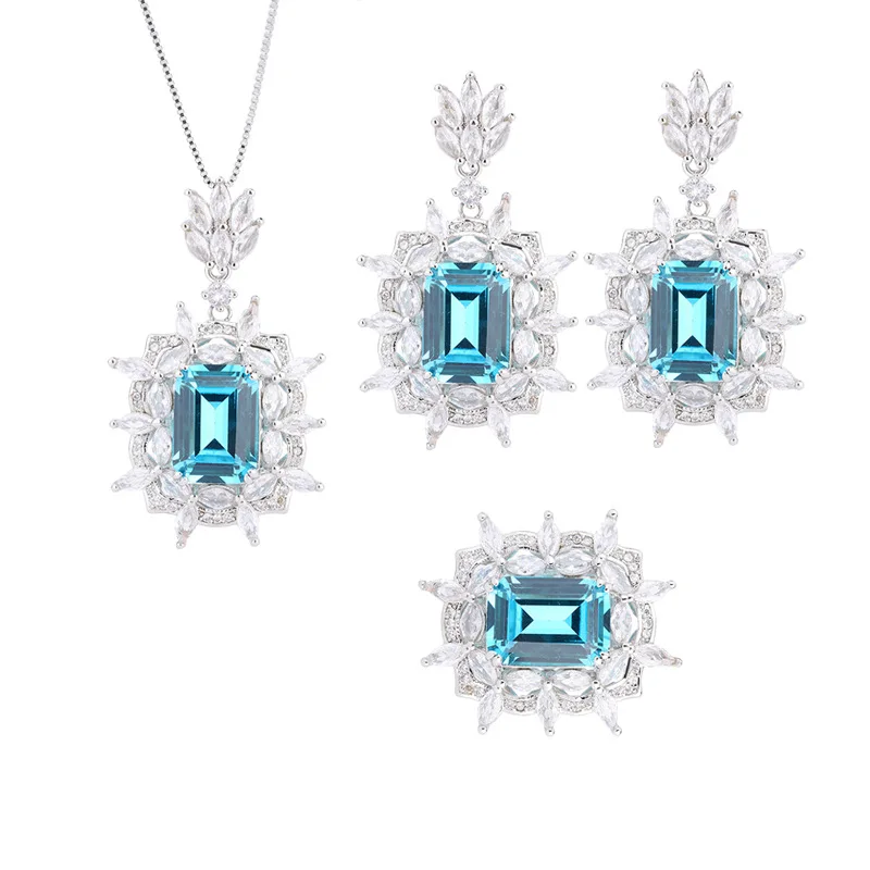 S925 Silver Plated 18K Gold Plated PT950 Platinum Retro Aquamarine Plus Bottom Women's Handmade Diamond Set Main 10*14