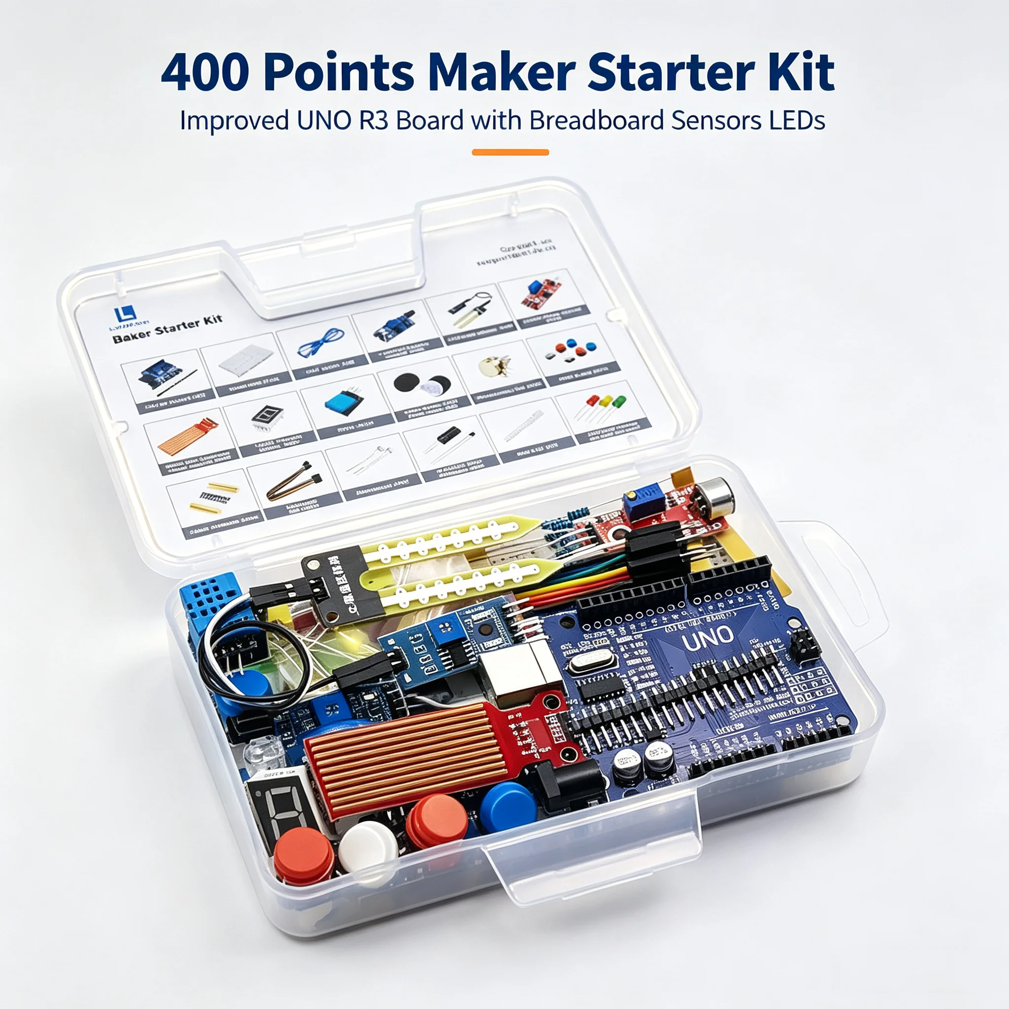 New Maker Starter Kit with Improved UNO R3 Board, 400 Points Breadboard, LED Lights & Sensors, Complete Electronic Circuit Learn