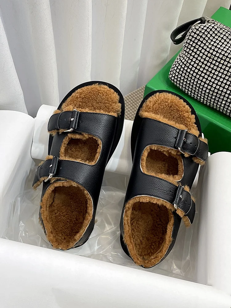 Girls Solid Color Warm Wool Flats Winter Open Toe Casual Women Shoes Thick Bottom Sandals Fall Soft Sole Zapatos Mujer