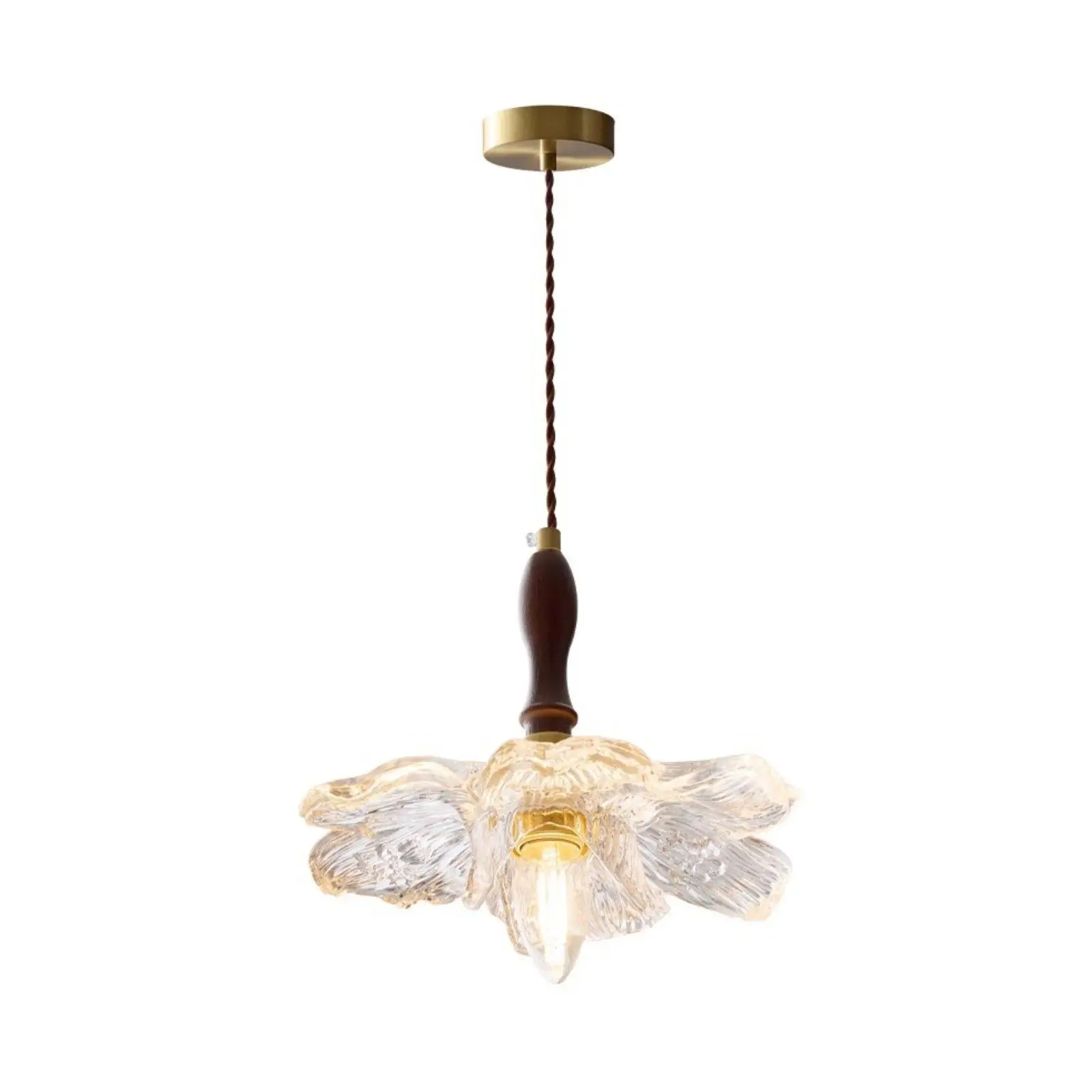Wood and Glass Hanging Lamp Soft Ambient Glow Vintage Glass Ceiling Light Adjustable Height Flower Shaped Pendant Light for Bar