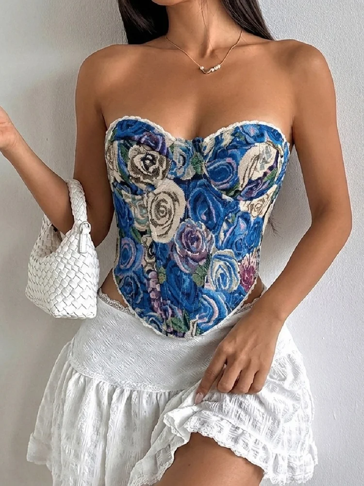Shestyle Blue Flower Strapless Corset Women Vintage Rose Print Wave Cut Backless Tie Up Cross Chest Wrapping Crop Tops Camisole