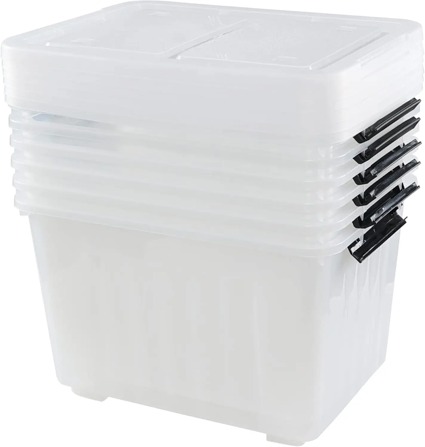 50 Liter Clear Storage Bin on Wheels, Large Plastic Latching Box, 6 Pack