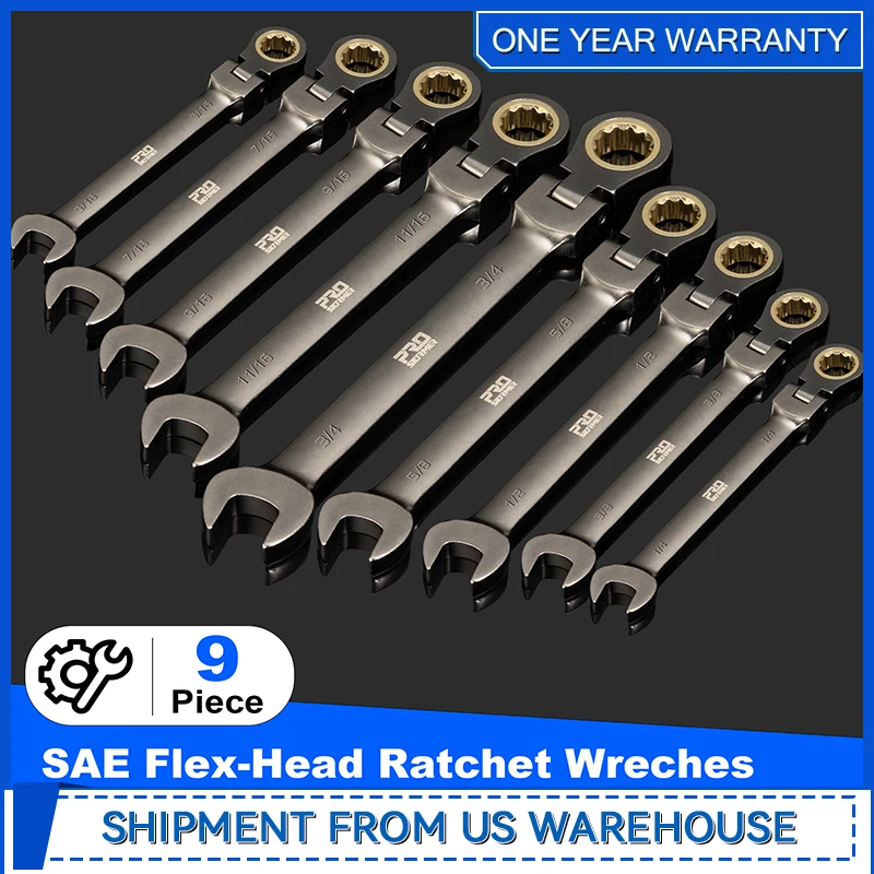 9-Piece SAE Flex-Head Ratchet Wrench Set Cr-V Constructed with Black Nickel Plating 1/4" to 3/4" Standard Swivel Head Ratcheting