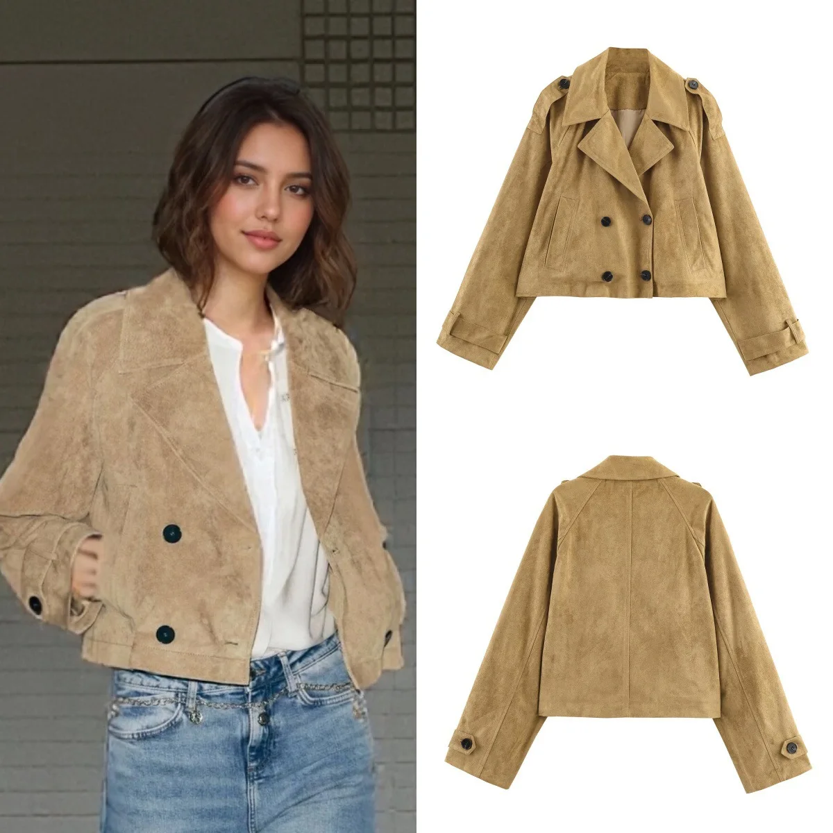 

ОСЕННЫЙ женский укороченный мотоциклетный плащ с лацканами, двубортная куртка с карманами и длинными рукавами, элегантный осенний новый шикарный топ