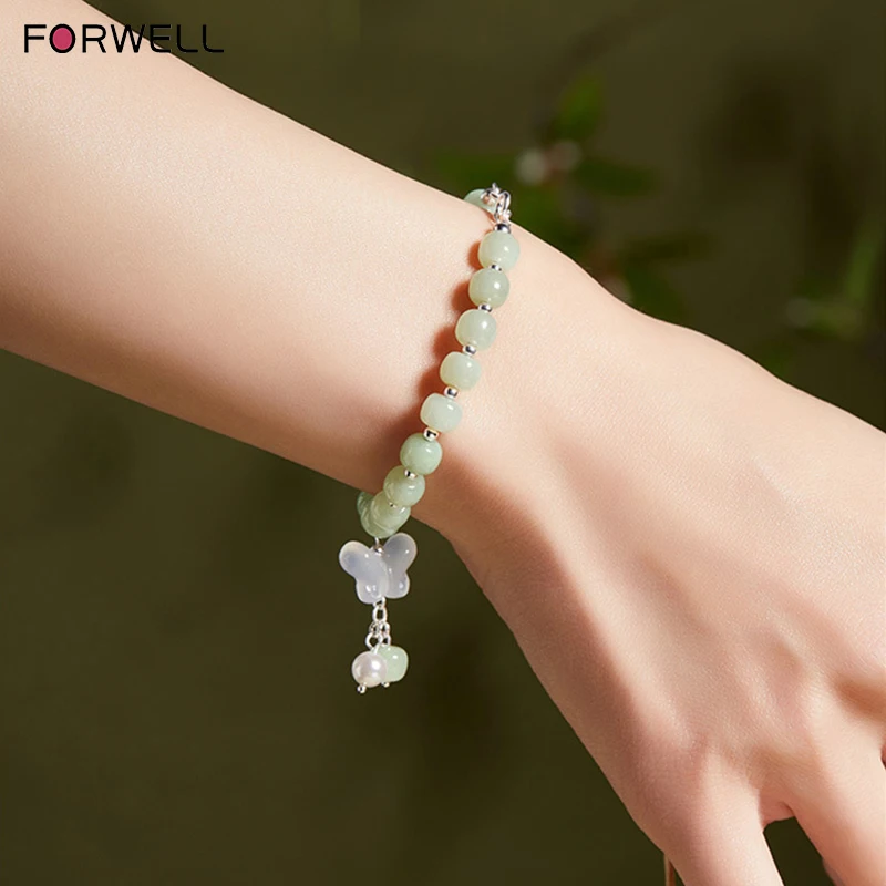 FORWELL Women's Natural White Chalcedony Bracelet with Butterfly Tassel Hotan Jade Design Beaded Luxury Jewelry