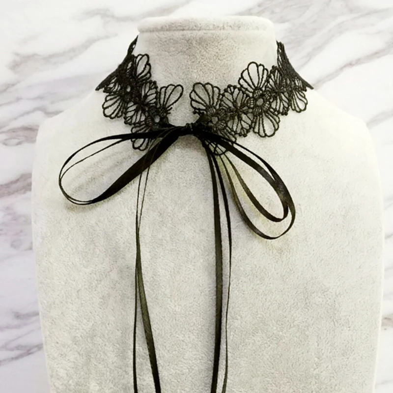 Black Lace Choker For Women Girls Gothic Bowknot Choker With Long Ribbon Lolita Clavicle Chain Necklace Halloween Jewelry Gift