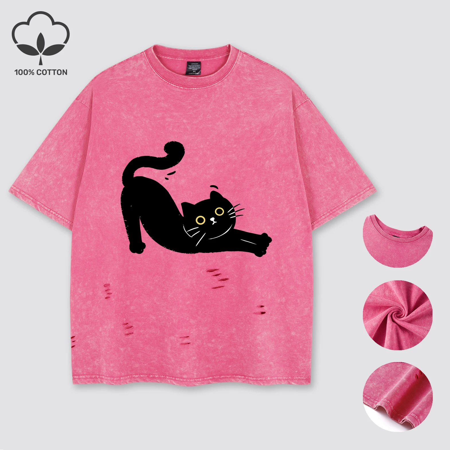 

Black Cat Stretching Lazily Snow Wash Holes T-Shirts Woman Cotton T-Shirt Creative Clothing Crewneck Loose Female Short Sleeve
