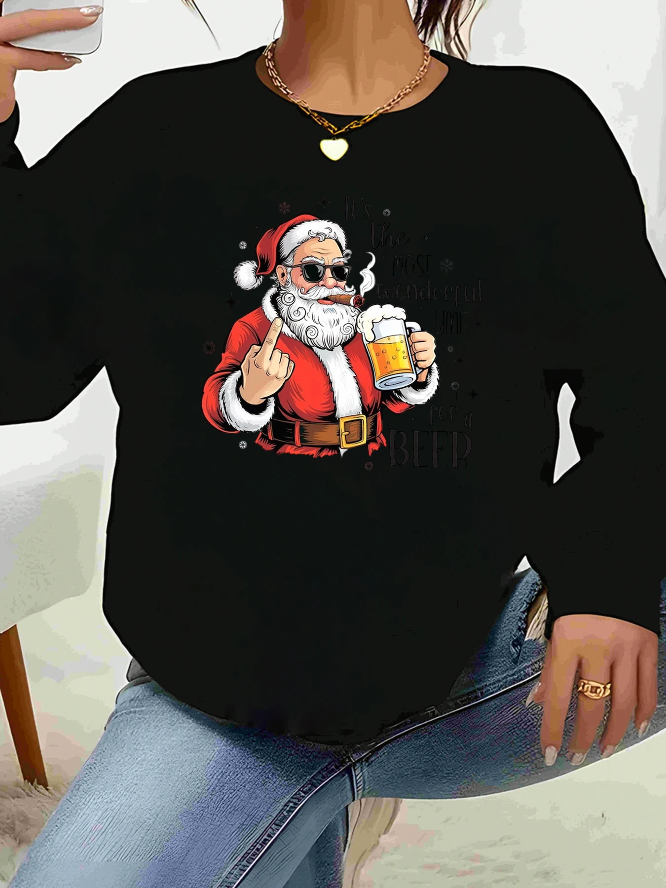 Papai Noel com cerveja e óculos de sol estampados de Natal manga comprida top casual para férias para mulheres
