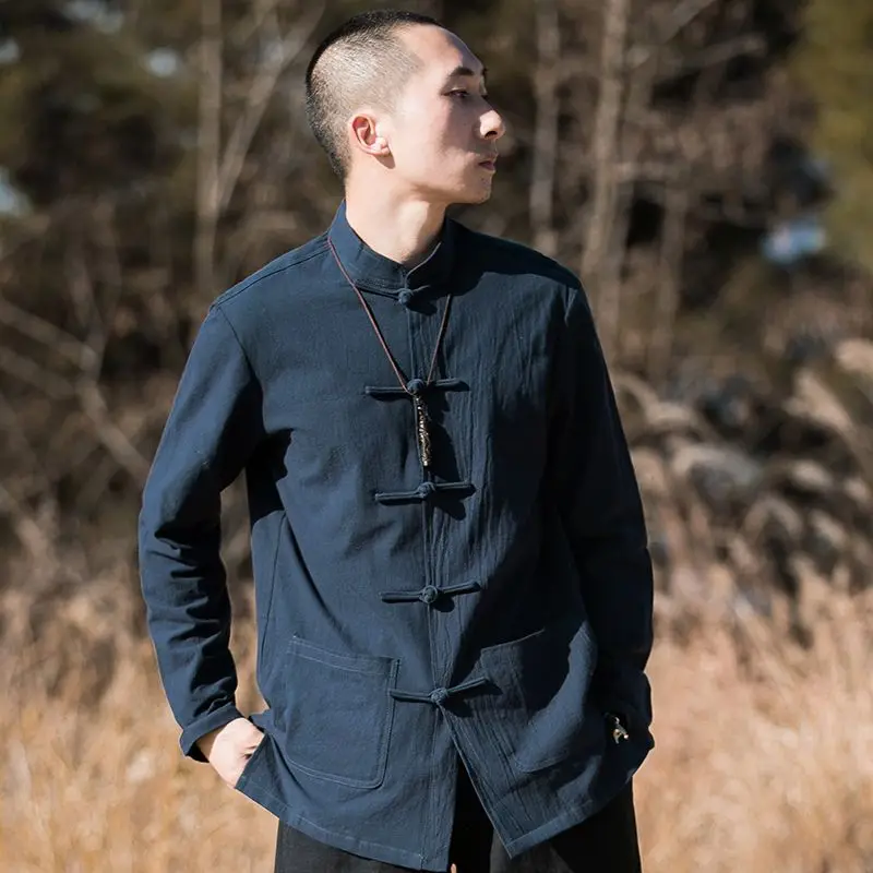 

Китайский повседневный мужской костюм на пуговицах с воротником-стойкой, длинный свеч, весенне-осенний модный традиционный костюм Тан, топ