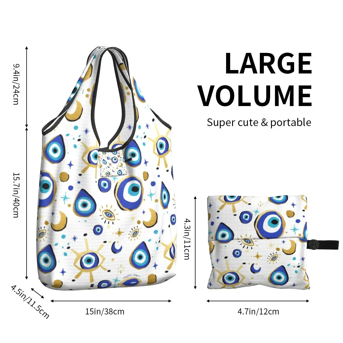 Borse per la spesa mediterranee blu e oro malocchio Borse per la spesa portatili di grande capacità per generi alimentari Hamsa Nazar Amuleto Boho Shopper Tote Bag