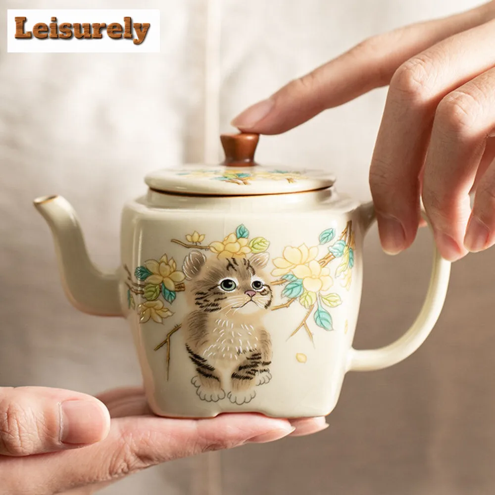 145ml Imitation Song Cream Ru Kiln Teapot Cute Cat Square Pot Ice Cracked Glaze Porcelain Tea Kettle with Ball Hole Filter Gifts