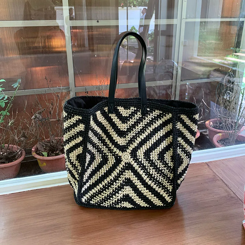

Дизайнерская женская соломенная сумка для летних каникул, винтажная летняя сумка-ведро на плечо, пляжная сумка из искусственной кожи, повседневная сумка-тоут