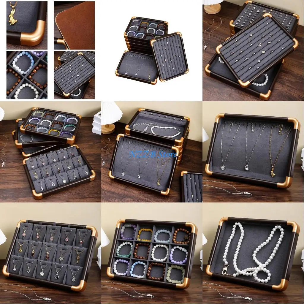 

T21F элегантный поднос для ювелирных изделий из орехового дерева, бархатный внутренний органайзер для колец, ожерелий, держатель