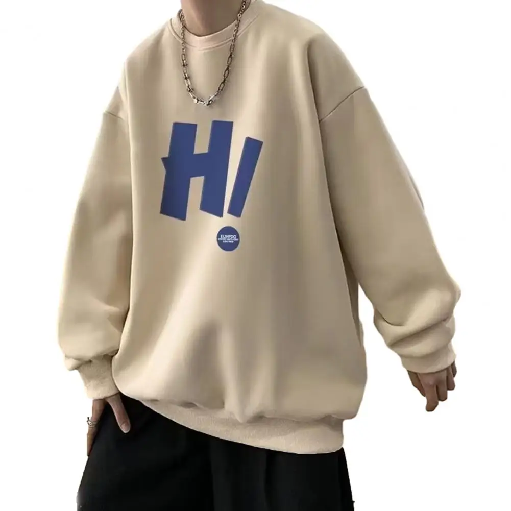 

Korean Men Sweatshirt Oversized Vintage Letter Hi Print Ribbed Cuff Collar Male Sports Long Sweatshirt Top Loose