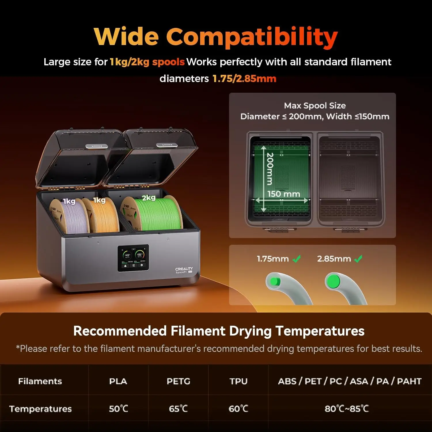 مجفف خيوط كرياليتي 4 بكرات صندوق تخزين خيوط سبيس بي X4 85 ℃   أقصى درجة حرارة غرف تسخين مستقلة مزدوجة