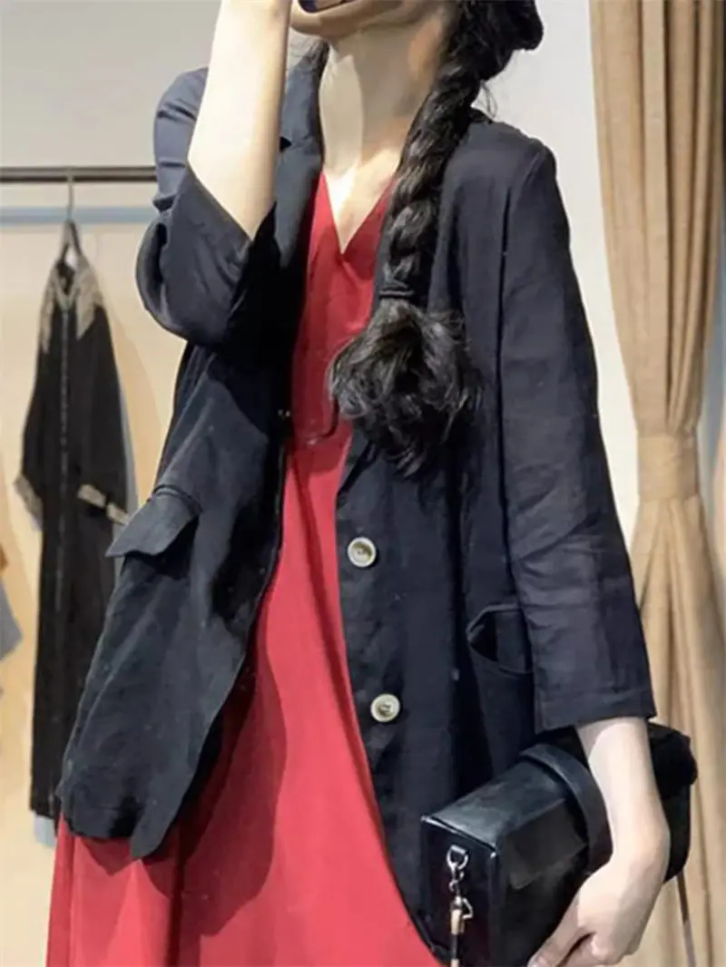 Solid Color Thin Cotton Linen Blazer Big Size Women's Clothing Pocket Two Button Lapel 3/4 Sleeve Jacket Summer Top K1900