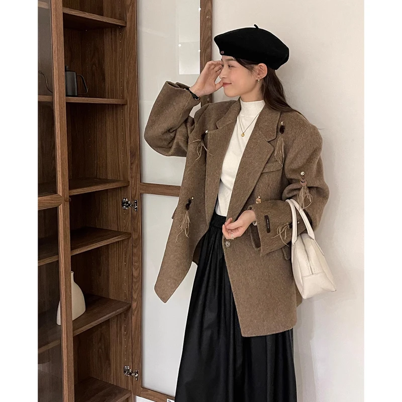  ort Double-Faced Woolen Camere Coat for Women with iny Feather Design Autumn Winter Thiened Suit Jaet