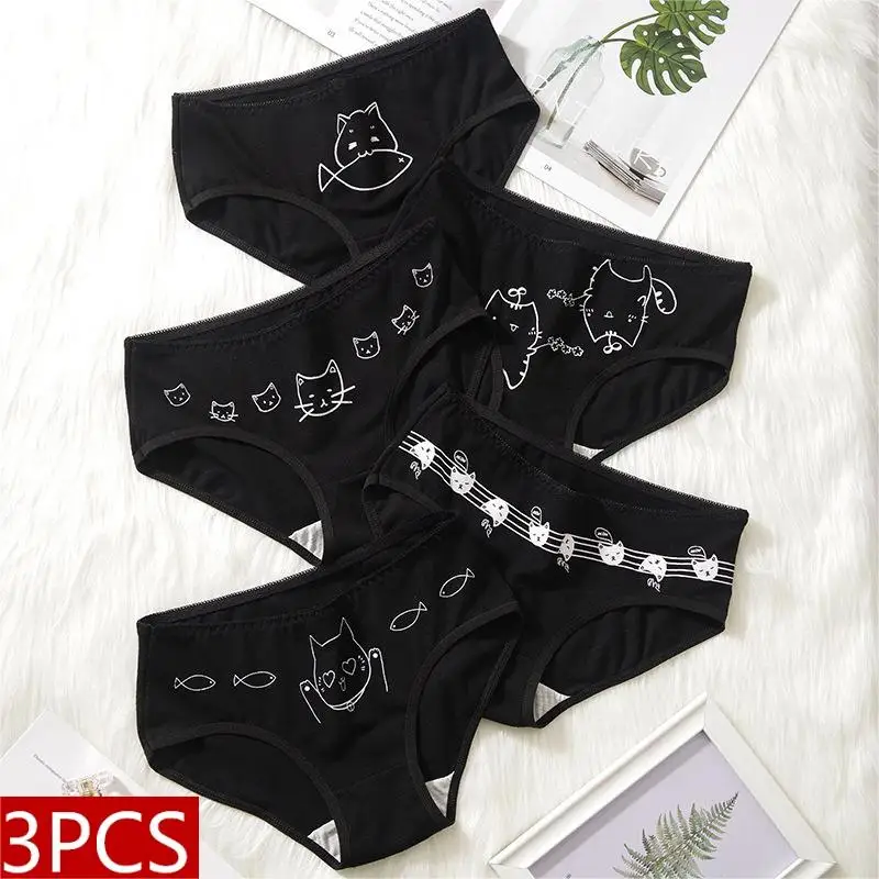 3 Pcs 만화 인쇄 블랙 플러스 사이즈 삼각형 속옷 코튼 팬티 여성 통기성 부드러운 란제리 여자 여성 속옷
