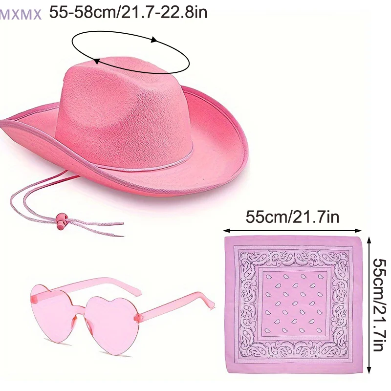 Chapéu de cowboy com óculos de coração lenço quadrado conjunto de fantasia de cowgirl feminino para festa oeste selvagem cosplay óculos de sol chapéu de cowboy ﻿ ﻿
