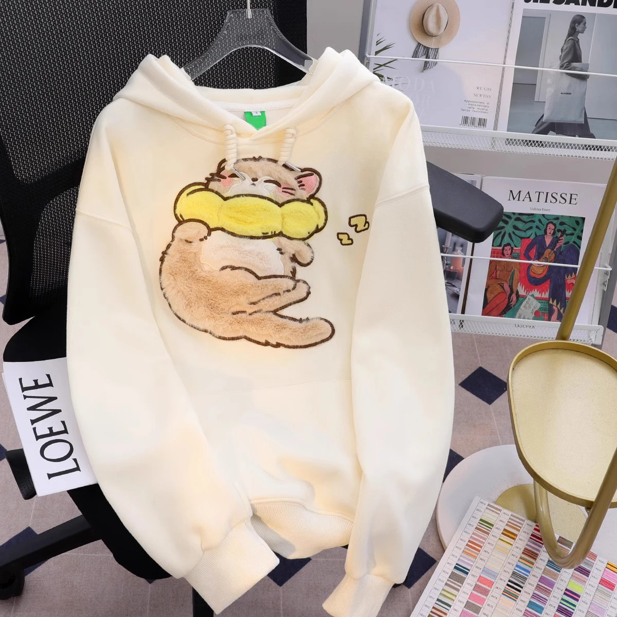 Women Spring Winter Cute Cartoon Embroidery Print Cat Pullover Hooded Sweatshirt Lazy Dopamine Couple Coat Student Hoodie Top