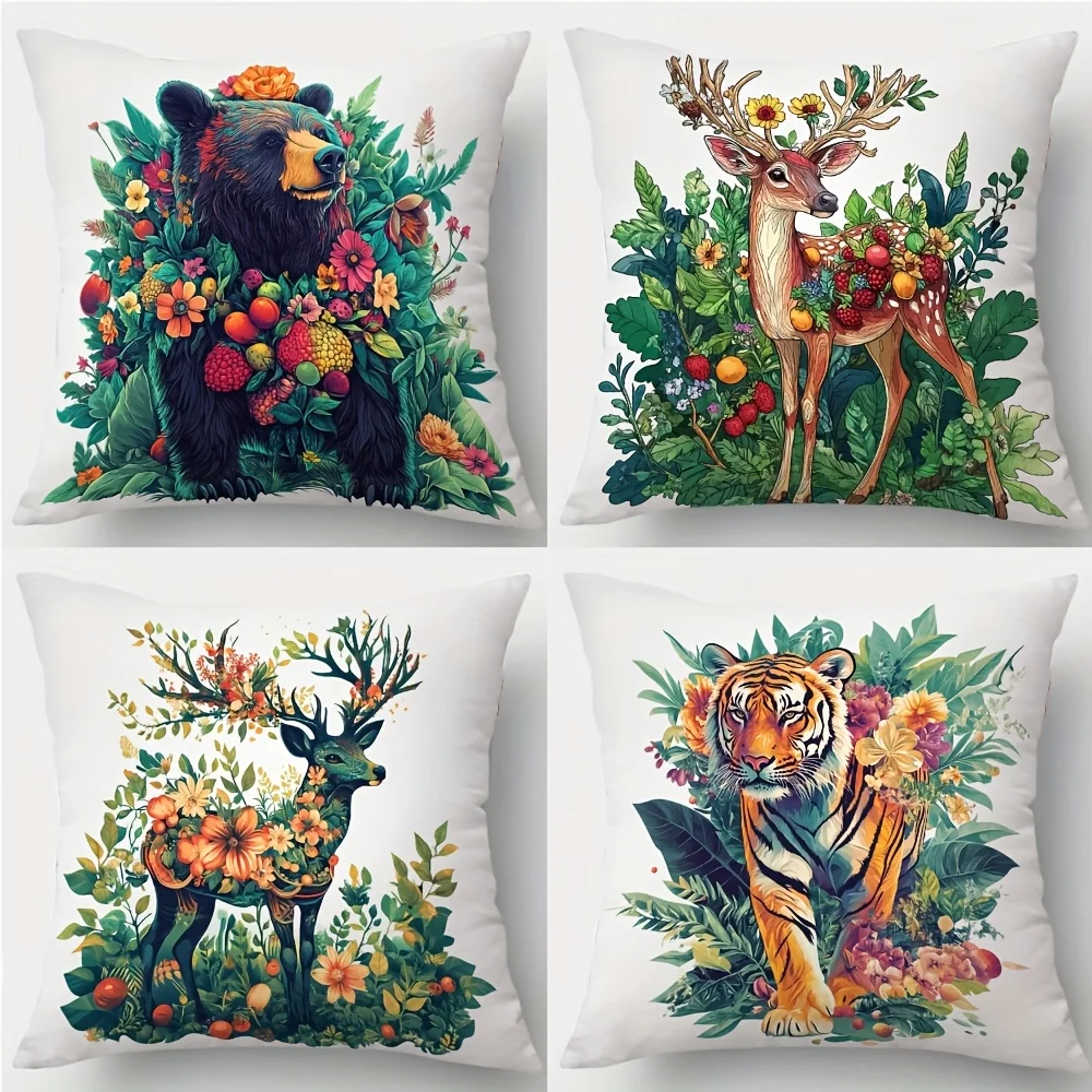 4pcs Animal Print Pillowcases - Bear, Deer, Tiger & Floral Designs, Soft 100% Polyester, 18x18 Inch Square, Zipper Closure, Mach