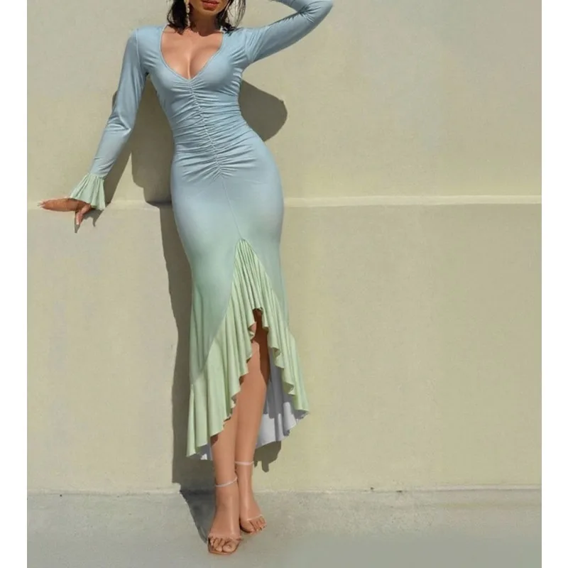 

Gradual Change Blue Pleated Design Ruffle Edge Long Sleeve Dress Women