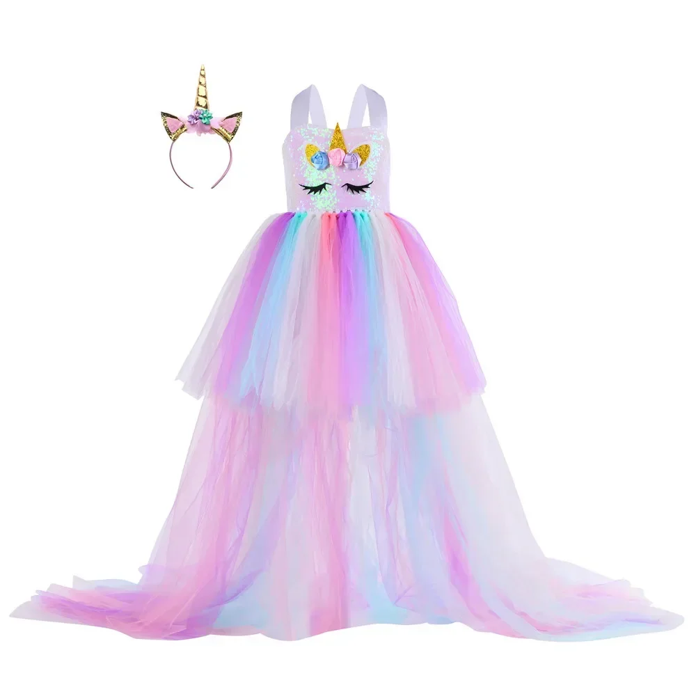 Kids Long Tail Unicorn Dress with LED Lights Girls Birthday Party Dress Princess Carnival Costume Hairband Pastel Rainbow Gown