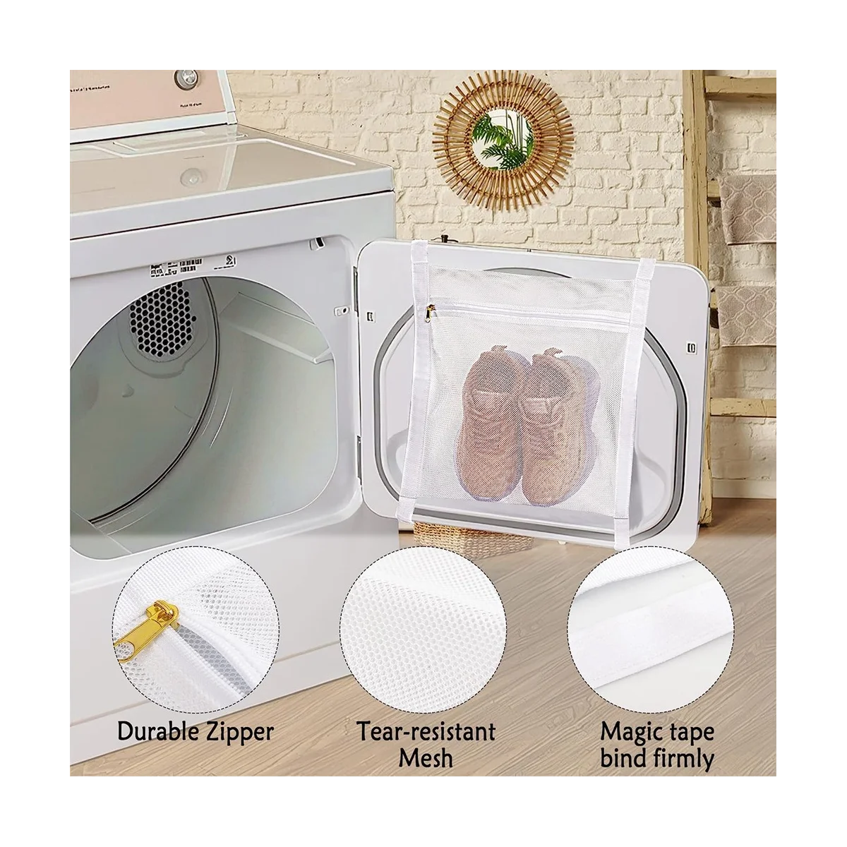 A09G-3 pièces sac en filet de lavage et de séchage de baskets pour sèche-linge, sacs en maille de combé de miel avec fermeture éclair et sangle pour chaussures, outil de sac réutilisé pour le linge