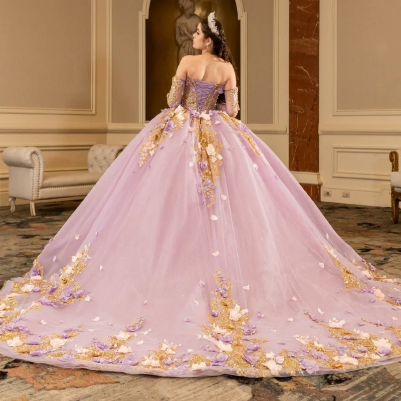 أرجواني لامع الأميرة الحلو 16 فستان فساتين Quinceanera زين زهرة الديكور تول حفلة عيد ميلاد Vestidos 15 De Anos