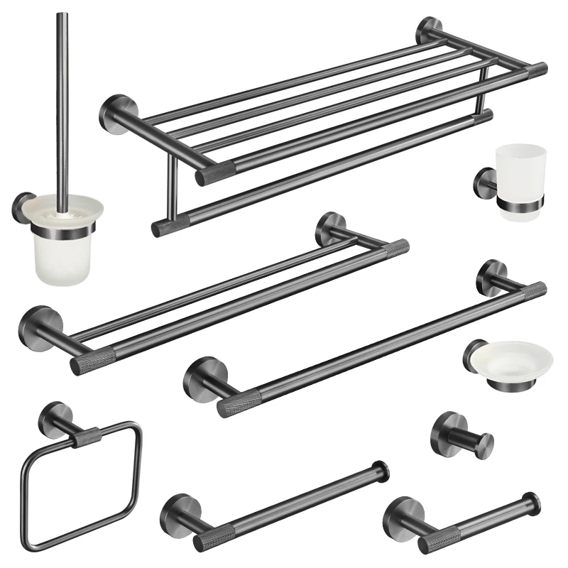 

Metal Grey Bathroom Accessories Hardware Set Toilet Brush Holder Paper Holder Towel Bar Rack Robe Hook Soap Dish Towel Ring