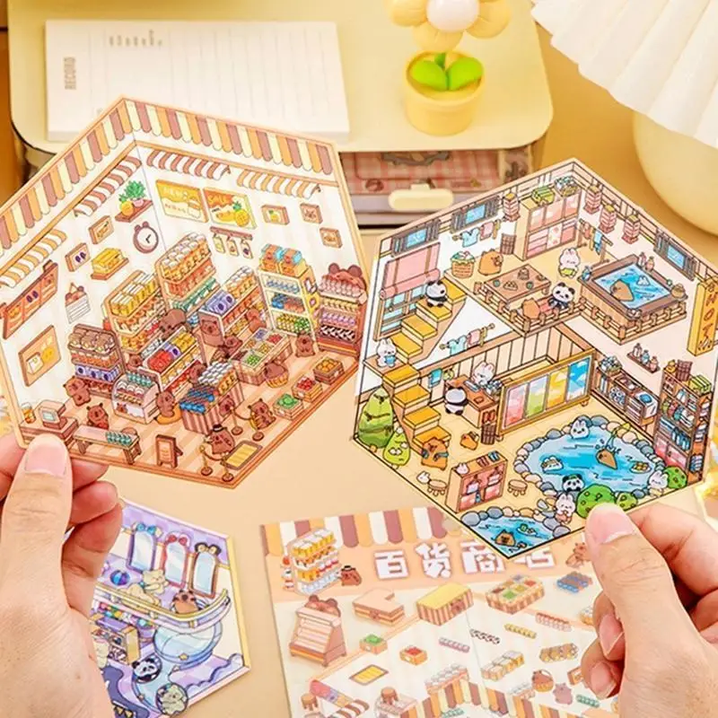 3D Scene Sticker Cartoon Scenery Sticker Miniature Simulated Cabin Scene Sticker for Scrapbooking Journal Planner Album