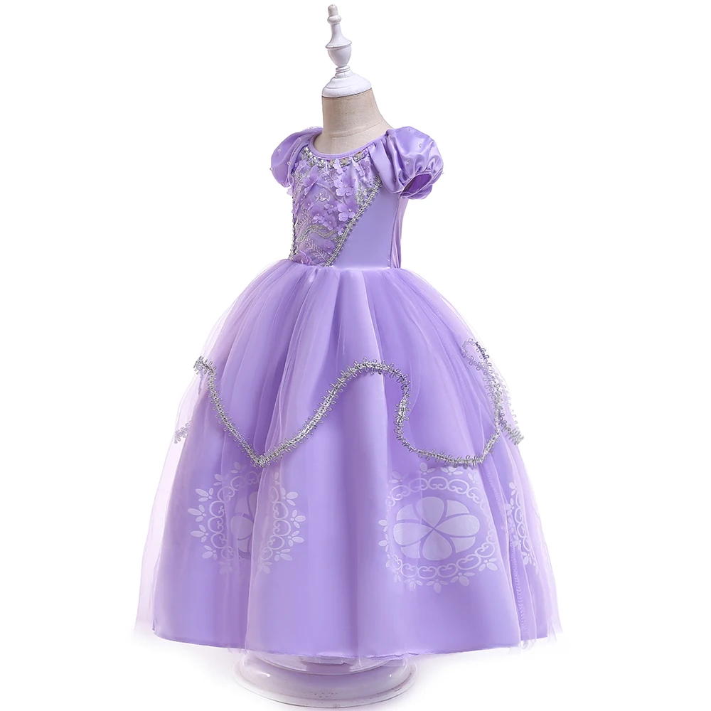 Summer Sophie Girls Dress Children Day Performance Birthday Princess Kids Dresses for Girl Flower Purple Tulle Short Sleeve Gown