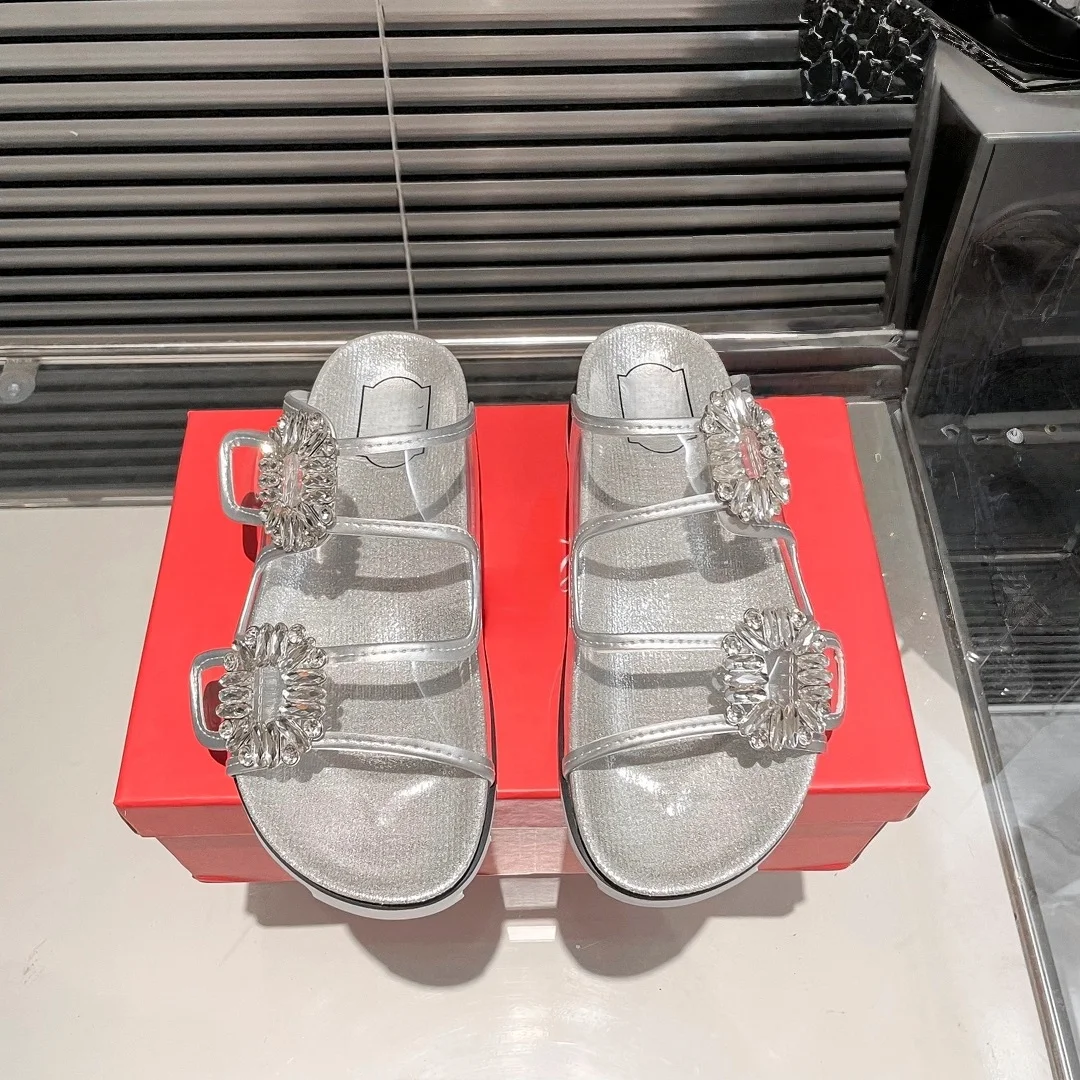 شباشب نسائية صيفية بإبزيم مربع ونعل سميك مع صنادل مسطحة وعصرية، شباشب نسائية من حجر الراين