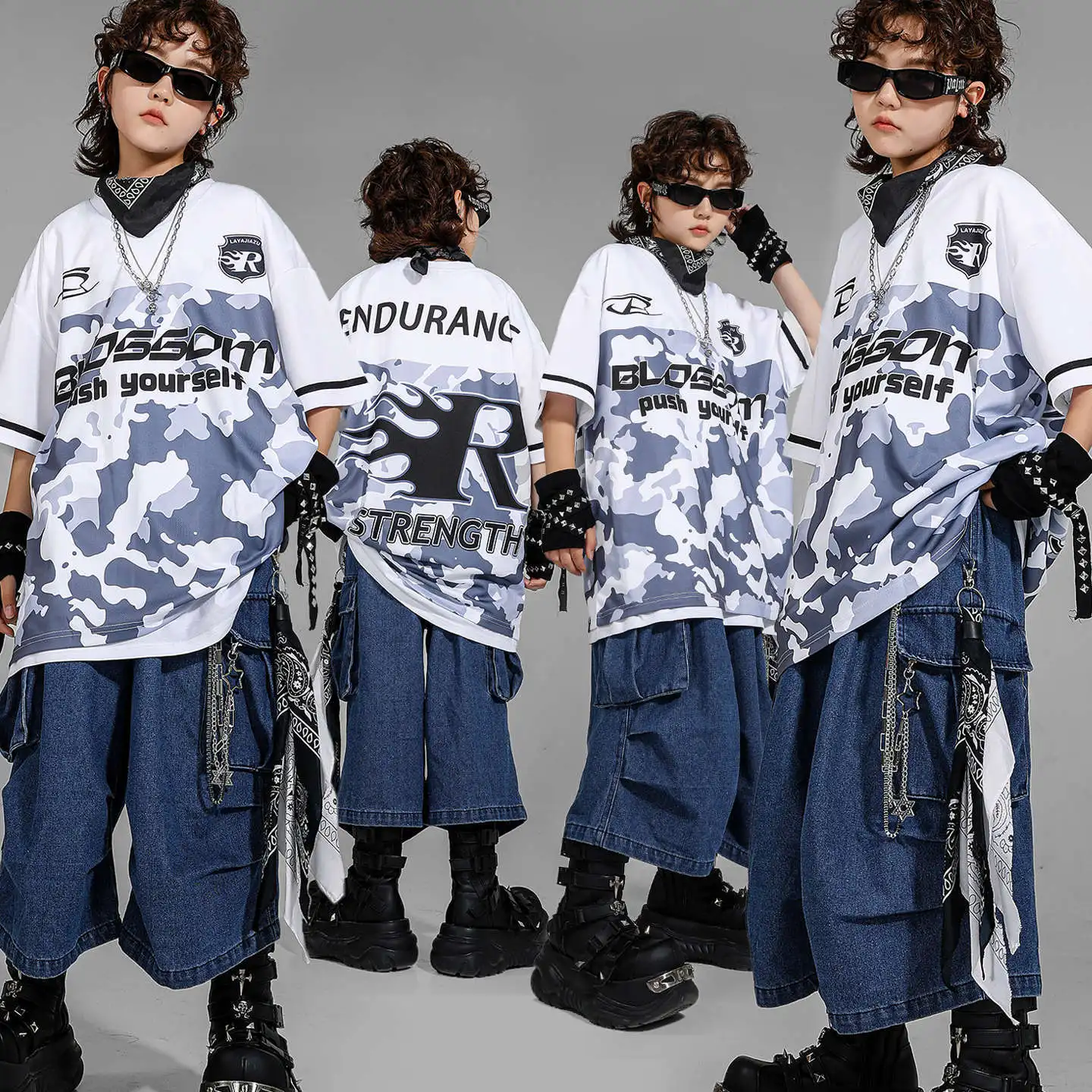 

Kid Hip Hop Clothing White V Neck Camo T Shirt Denim Blue Parachute Cargo Jeans Shorts for Girl Boy Jazz Dance Costumes Clothes