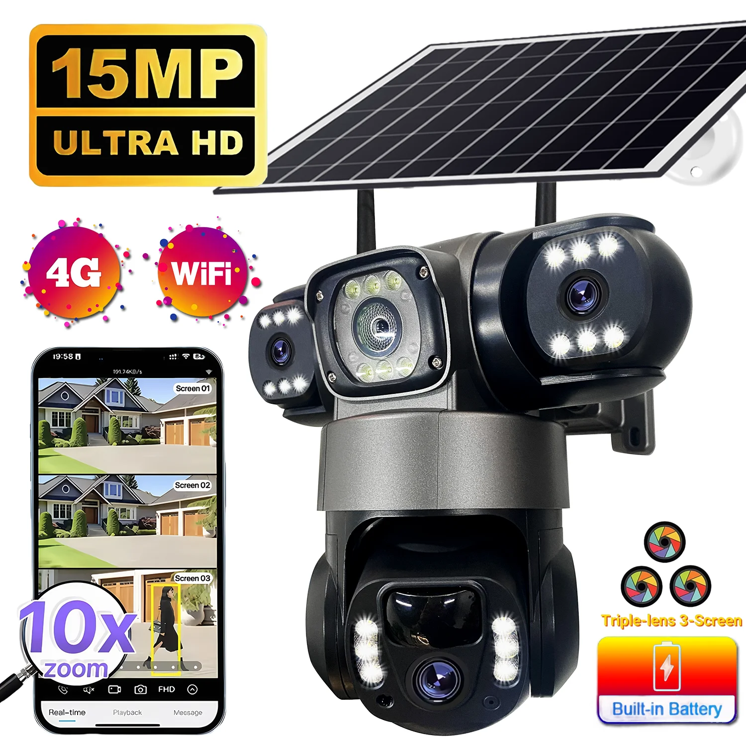 

15MP Tri-lens Solar Camera WIFI IP Wireless CCTV AI Human Detection IP Cameras Outdoor Security Protection 4G SIM Network Camera