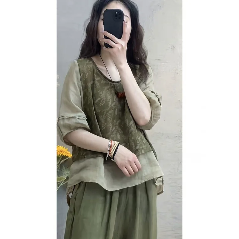 

Retro Sle Cotton Linen Women's Summer Casual irt round Ne ort Sve Classic Fit Ladies Faion Spring Collection