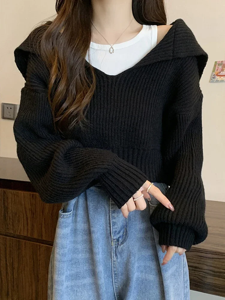 

Укороченный вязаный свитер, женский осенне-зимний повседневный вязаный пуловер, женский корейский шикарный короткий джемпер с отложным воротником и длинными рукавами