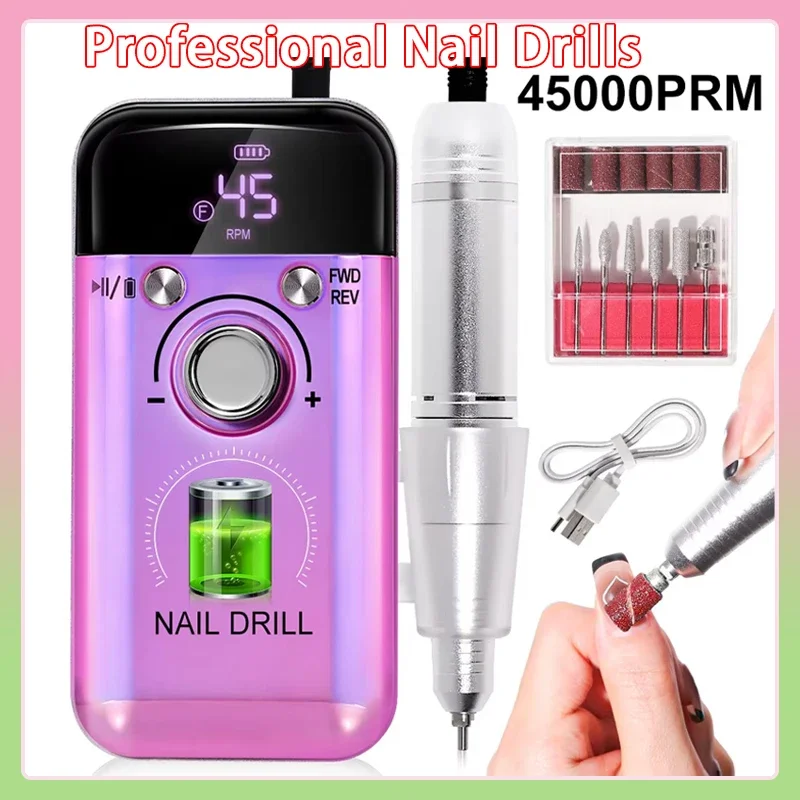

45000RPM Rechargeable Electric Nail Drill Machine Professional Nail Drills for Gel Nails Polish Portable Nail File Manicure Tool